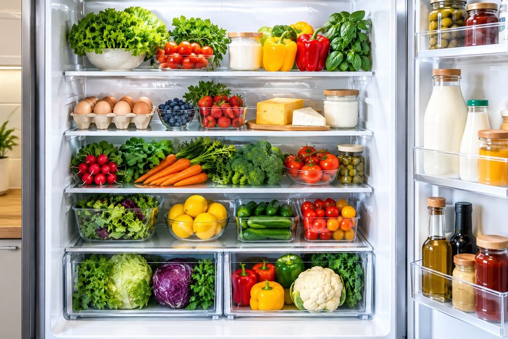 An open fridge full of fresh vegetables, eggs and dairy