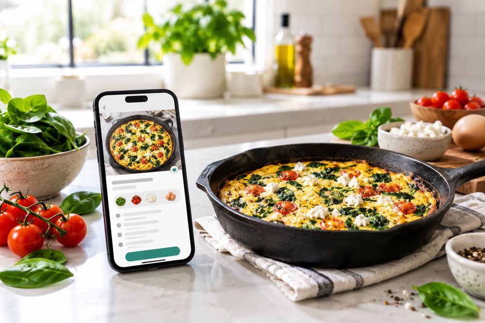 A phone showing a FridgeChef recipe next to the finished skillet frittata