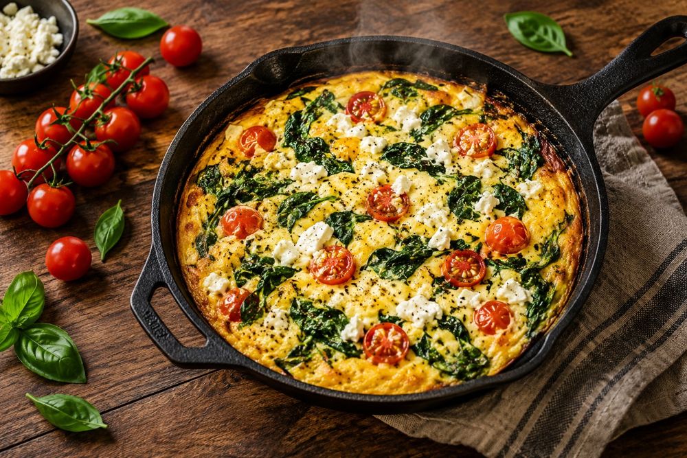 Spinach and feta skillet frittata with cherry tomatoes, seen from above