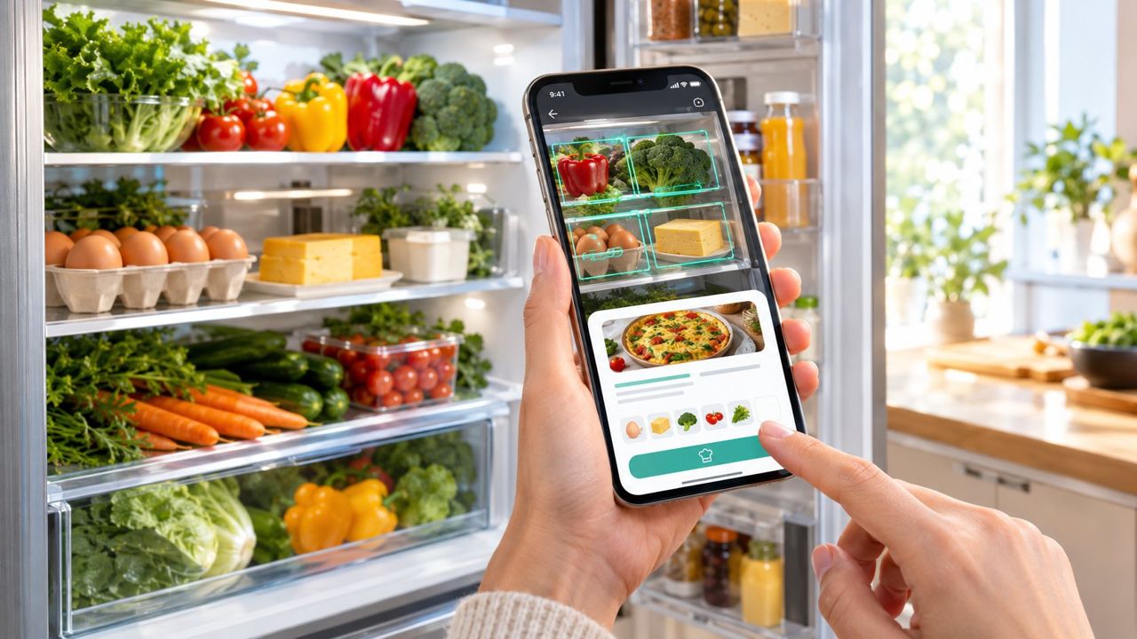 A hand holding a phone that scans an open fridge and suggests a recipe with FridgeChef
