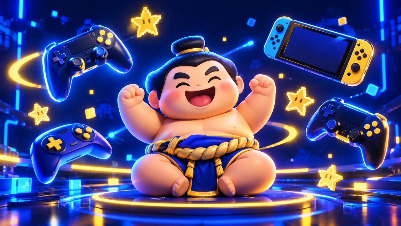 The SumoPlay mascot cheering with game controllers and a handheld console
