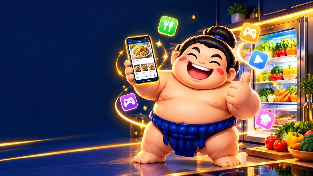 The SumoPlay mascot holding a phone full of recipe ideas beside an open fridge